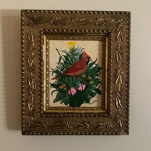 Beautiful vintage oil painting of cardinal with old frame Signed. good condition